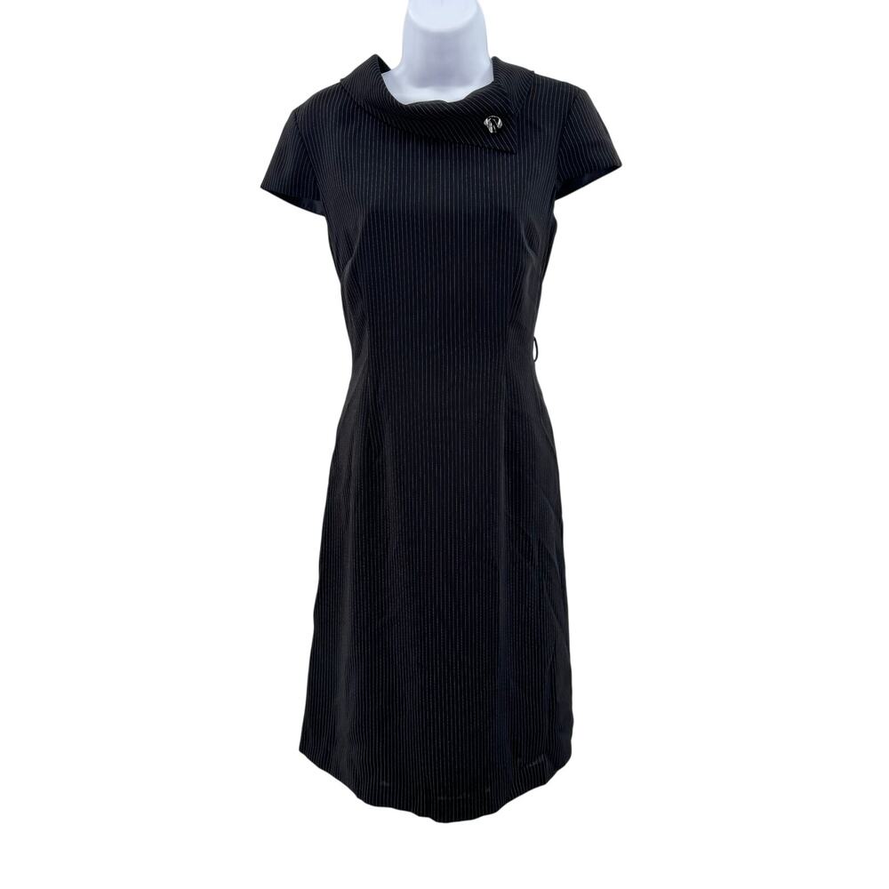 Tahari Black Pinstripe Dress Womens SZ 6 Cap Sleeve Formal Office Professional